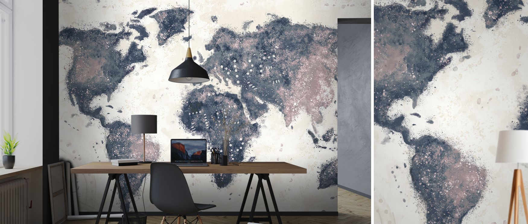 Dark world map wallpaper designed with refined artistry, highlighting continents in bold tones. Its aesthetic enriches interiors with sophistication, perfect for stylish living rooms, offices, or creative workspaces. 