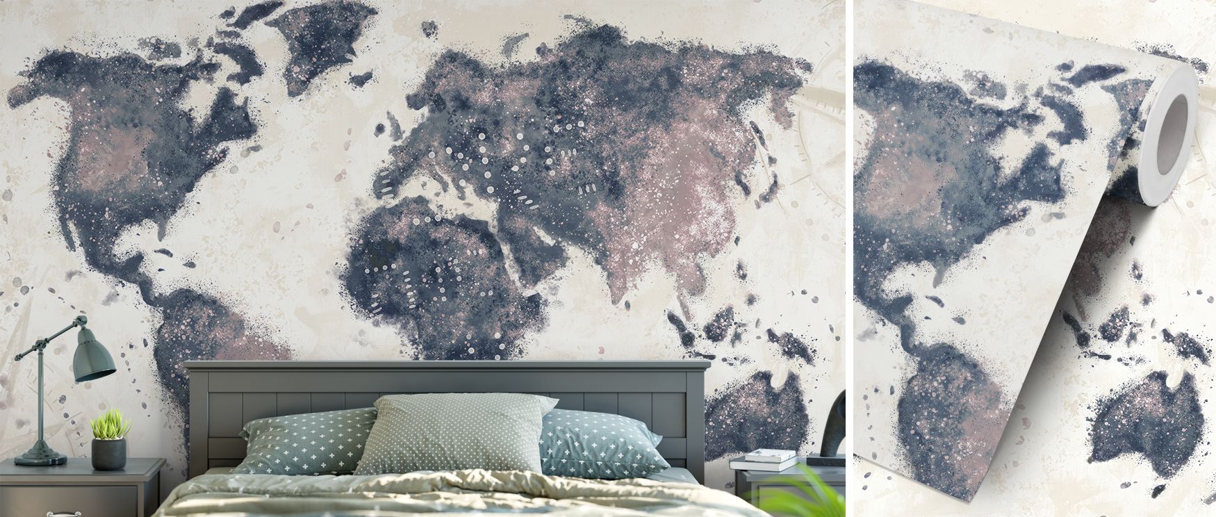 Rich toned wallpaper design featuring world map in bold artistry. Its dramatic aesthetic transforms interiors with global elegance, perfect for offices, creative spaces, or living rooms with statement décor. 