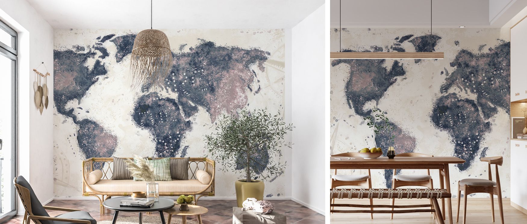 Decorative wallpaper featuring world map design in rich dark tones. Its dramatic style enriches interiors with cultured sophistication, making it perfect for offices, lounges, or studies where bold design is desired. 