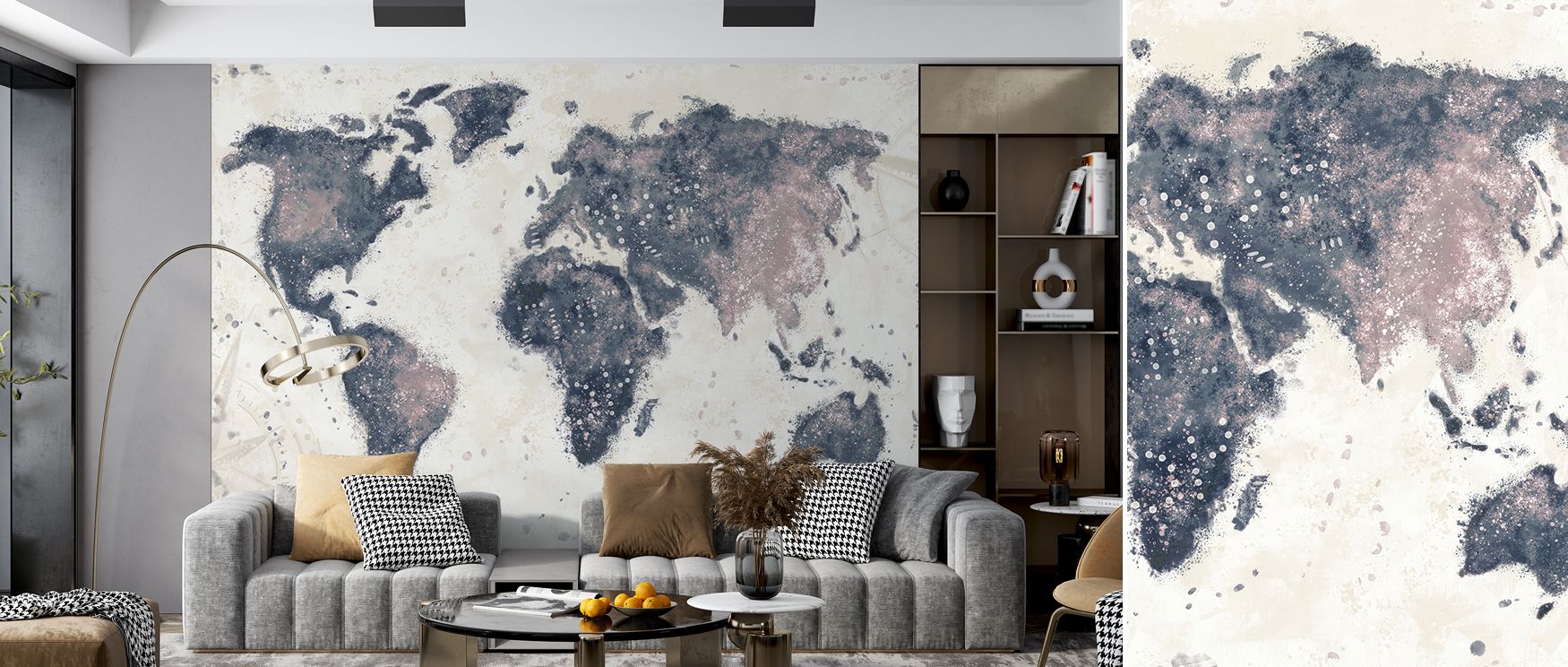 World map wallpaper styled in deep, rich tones for dramatic effect. Its refined artistry enhances interiors with global charm, perfect for offices, living rooms, or lounges seeking sophisticated mood.