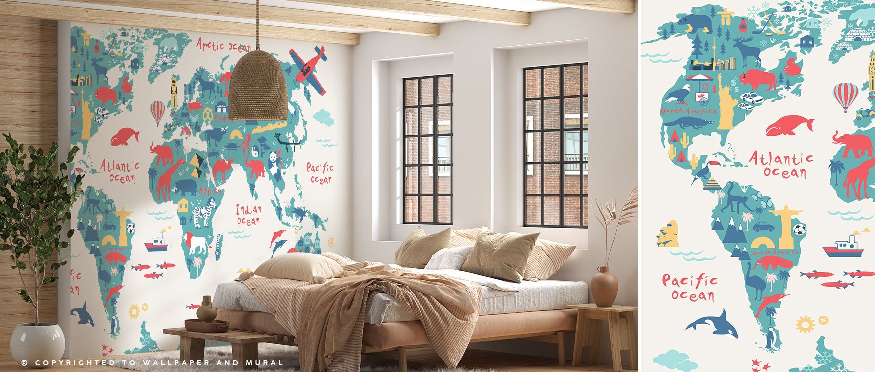 Decorative Eurasia wallpaper featuring detailed continents with cities and landmarks in refined tones. Its artistry enriches walls with culture and knowledge, perfect for studies or educational interiors. 