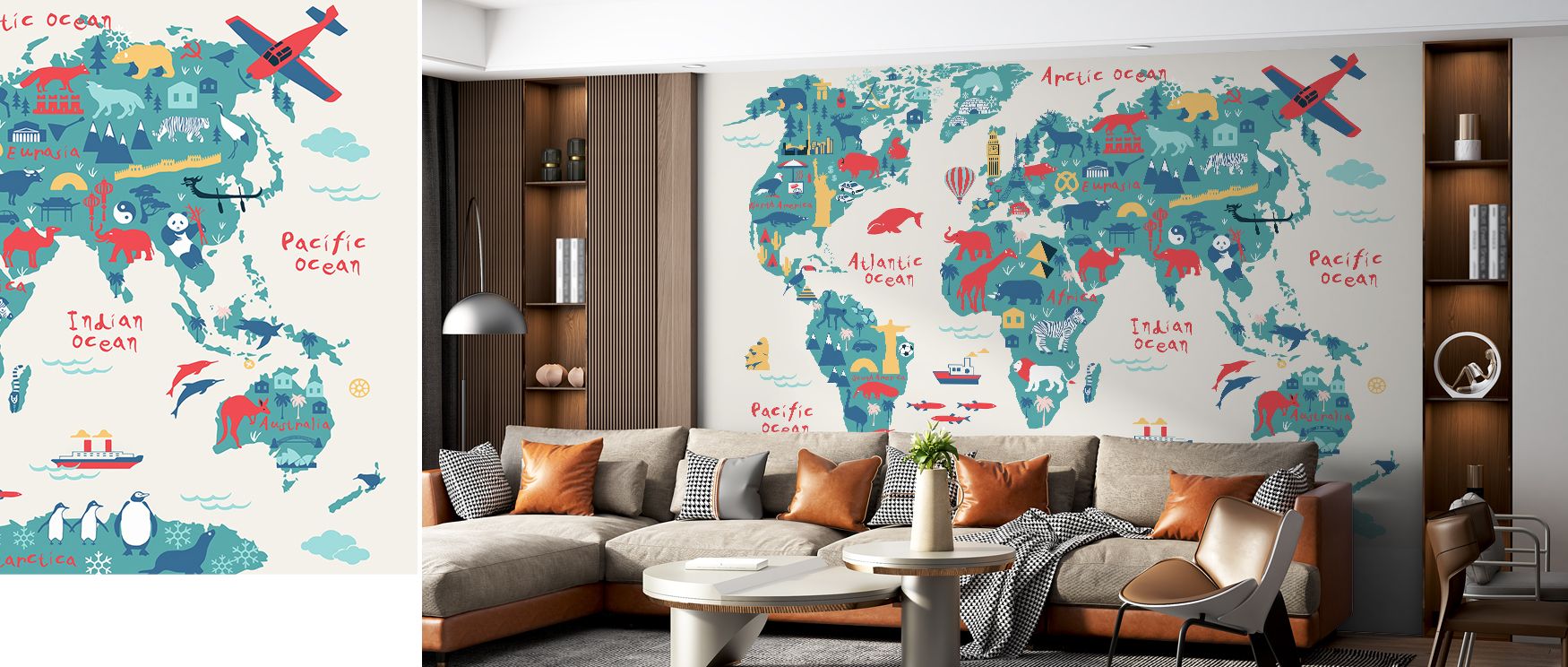 Eurasia Calling wallpaper styled with refined cartography of Europe and Asia, creating cultured walls. Its detailed design enhances studies, offices, or classrooms with timeless sophistication. 