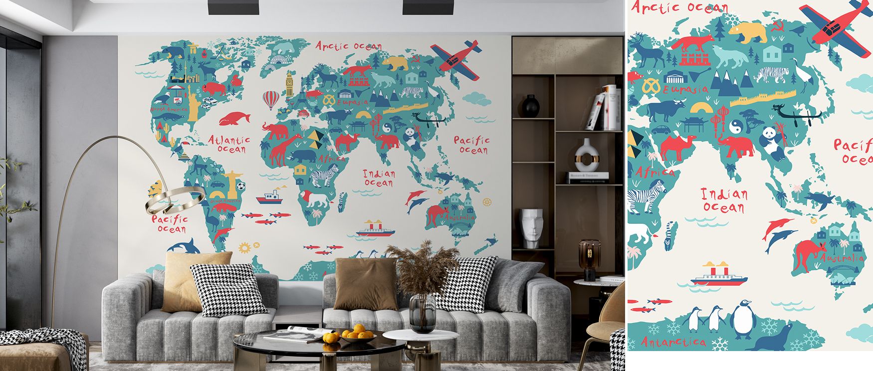 Elegant Eurasia map wallpaper showcasing continents in detailed artistry with cities and borders. Its cultured design enriches interiors, turning walls into inspiring cultural spaces perfect for learning or travel. 