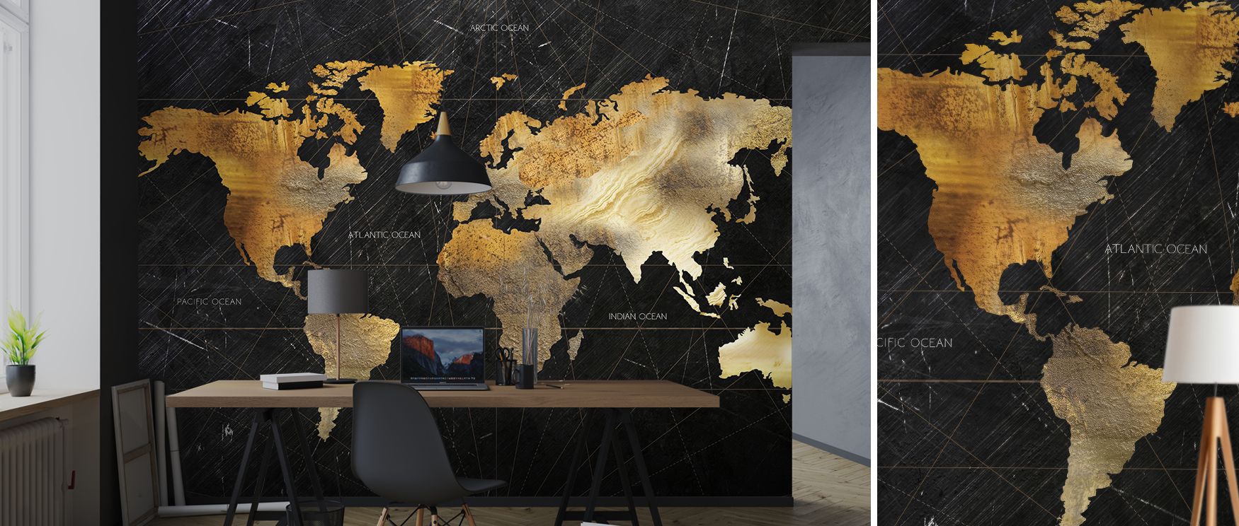 Dark-themed world map wallpaper styled with bold contrasts of cities and geography. Its dramatic tones create sophisticated interiors, perfect for studies, lounges, or living rooms where statement design is essential. 