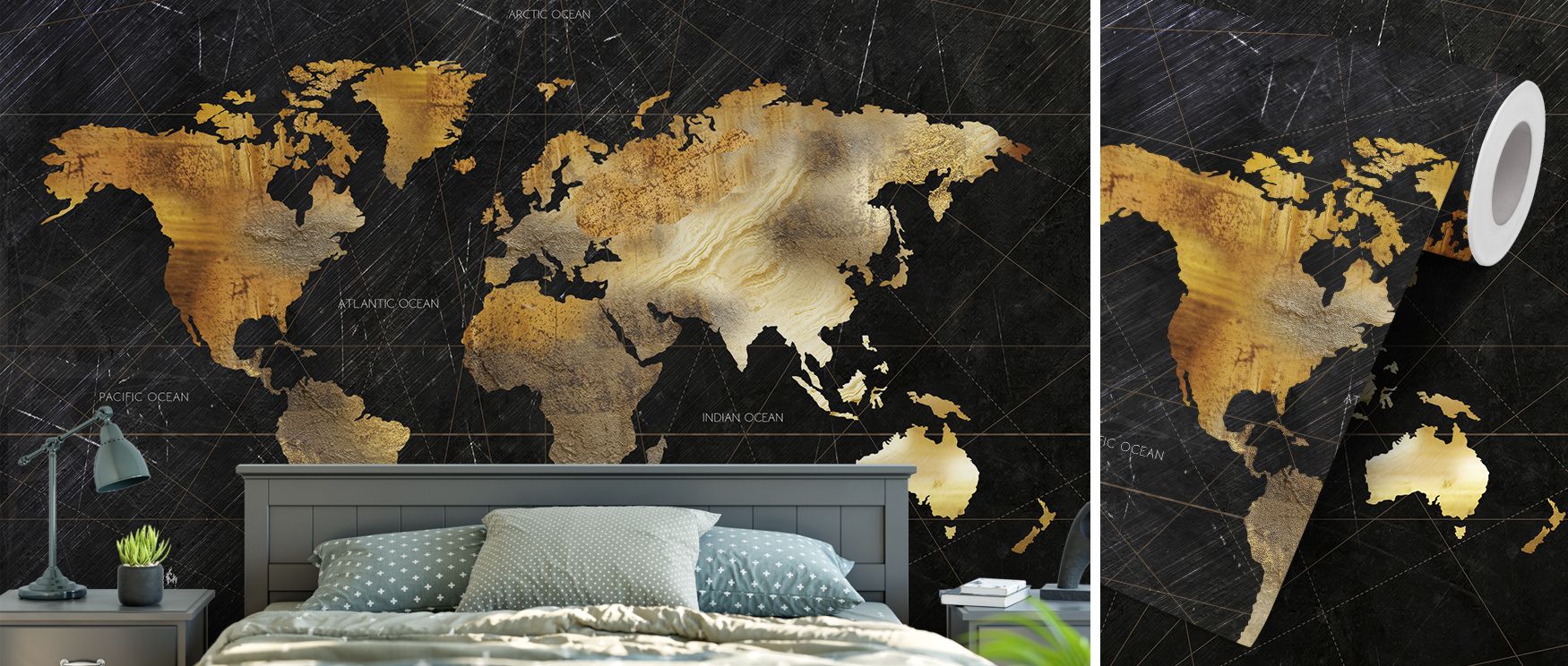 Bold world map wallpaper featuring global cities in striking contrast on a dark backdrop. Its dramatic artistry adds sophistication and energy to interiors, perfect for living rooms, offices, or studies inspired by travel and design. 