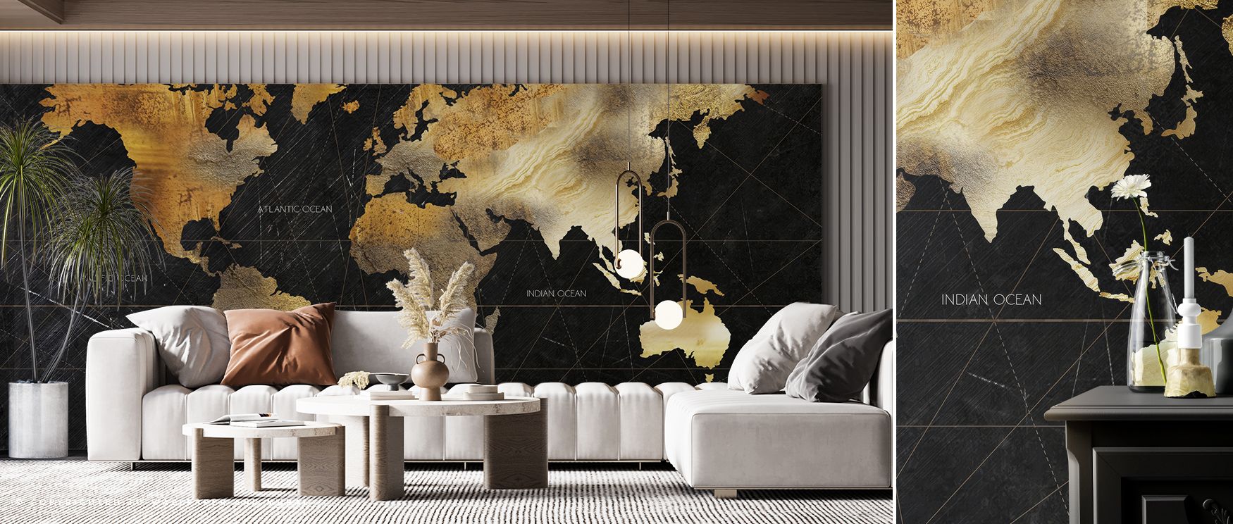 Artistic wallpaper featuring dramatic world map with vibrant highlights. Its bold design enriches walls with cultured presence, ideal for offices, creative spaces, or modern homes seeking statement décor. 