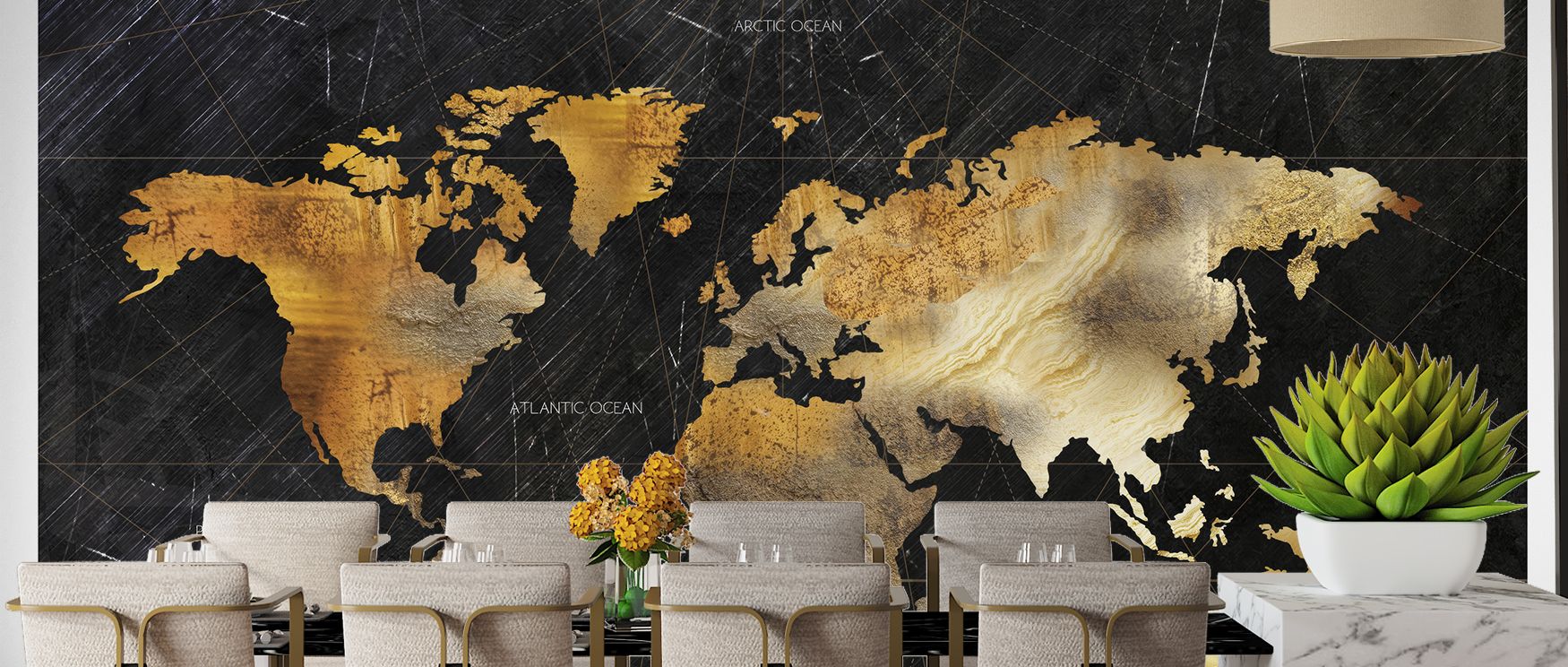 Bold wallpaper styled with dramatic dark map design highlighting global cities. Its vibrant artistry transforms walls into cultured statements, perfect for studies, offices, or living rooms inspired by travel.