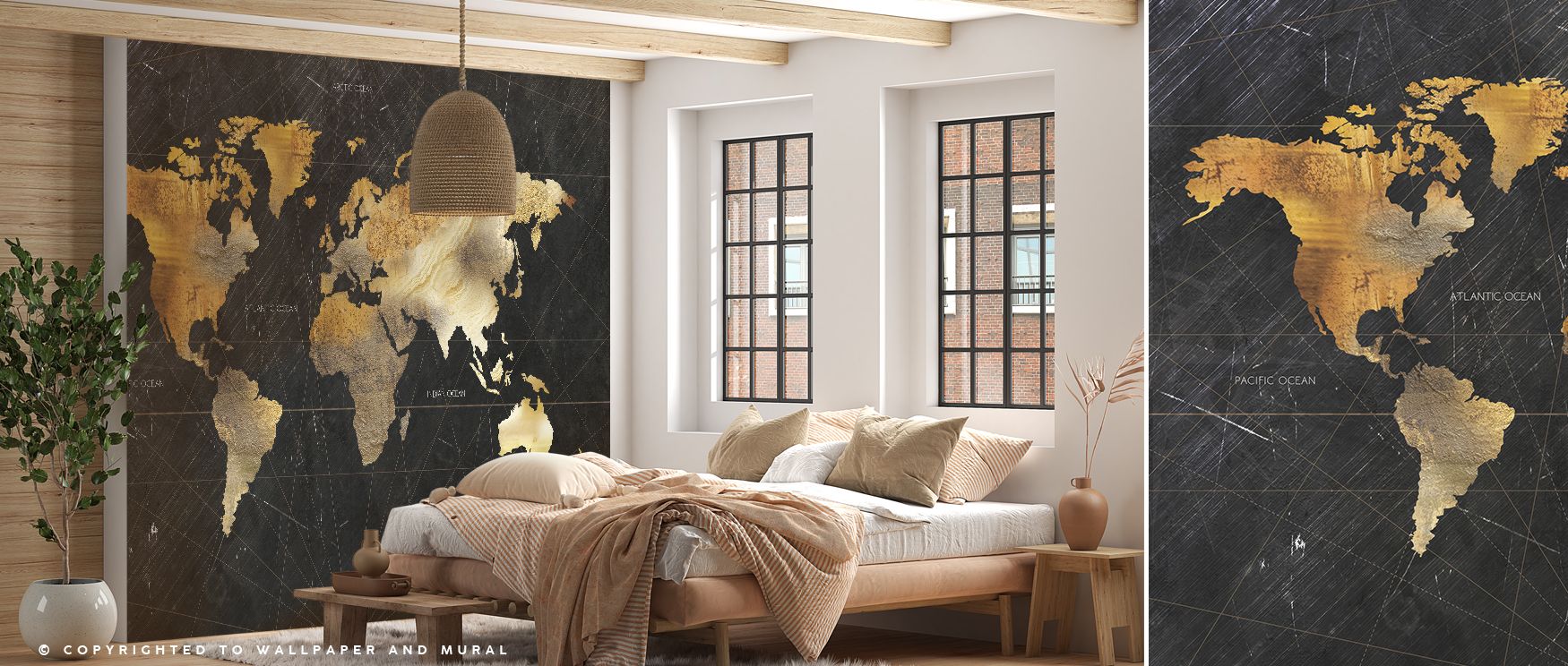 Decorative dramatic wallpaper featuring dark-toned world map highlighted with vibrant contrasts. Its artistry brings global culture into interiors, ideal for studies, offices, or living rooms with bold design themes. 