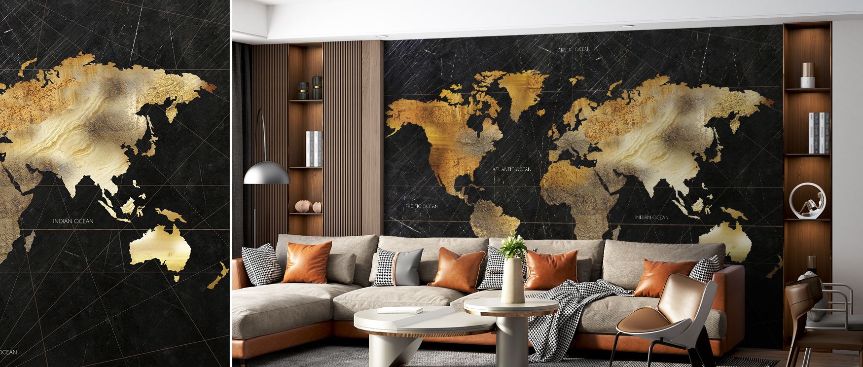 Dark dramatic world map wallpaper styled with vibrant city highlights. Its bold artistry enriches interiors, perfect for creative spaces, modern living rooms, or studies seeking strong cultural presence. 