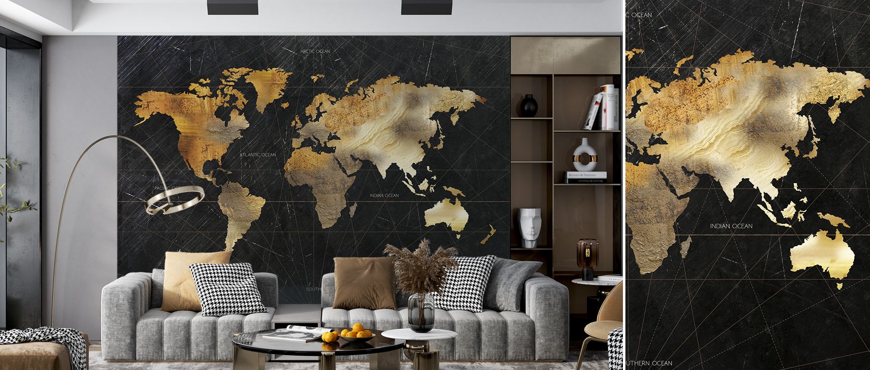 Dramatic global map wallpaper featuring bold dark tones and vibrant city highlights. Its artistic design enriches interiors with sophistication, making it perfect for offices or living spaces. 
