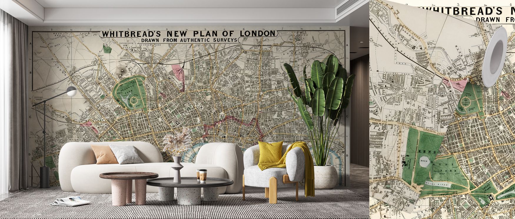 1853 London wallpaper styled in vintage cartographic detail, highlighting the city’s streets and landmarks. Its antique tones add cultural charm, ideal for studies, libraries, or living rooms enriched with heritage. 