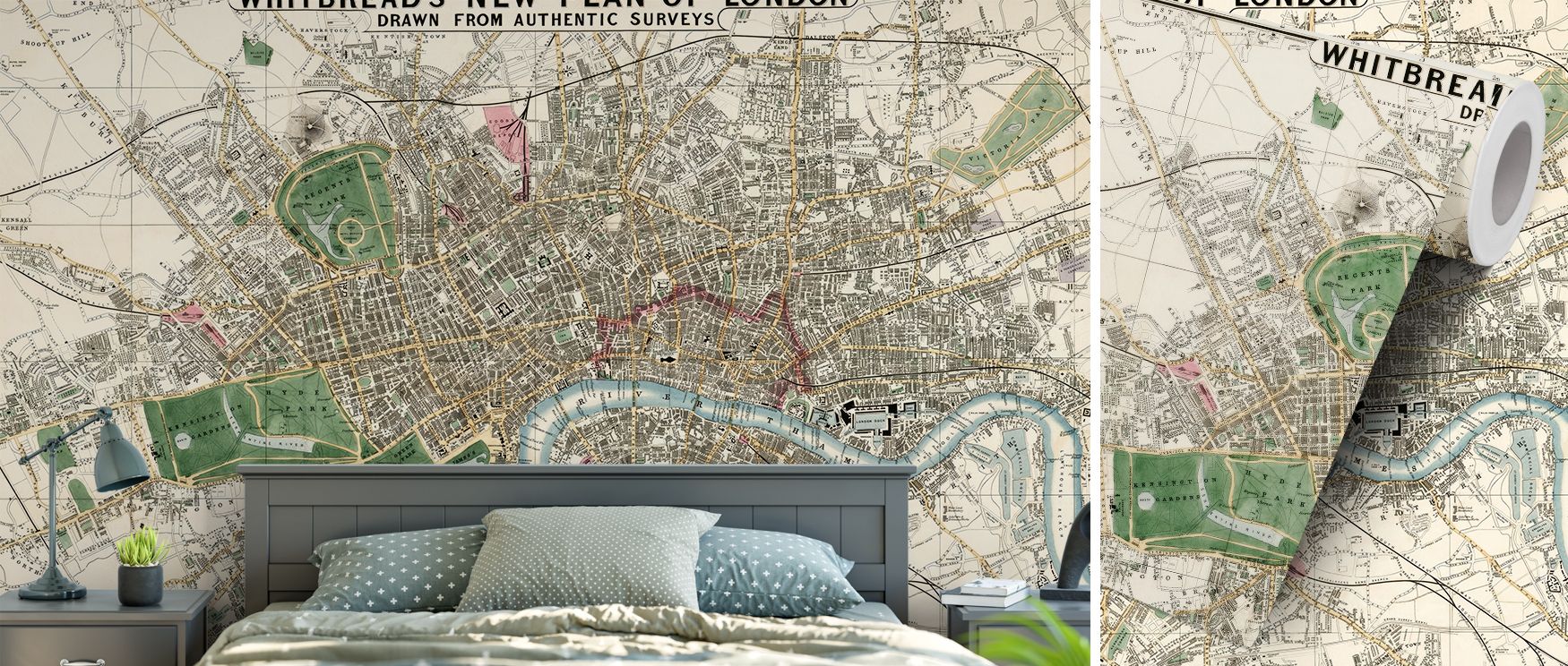 Antique London wallpaper showcasing Victorian city map reproduction with detailed artistry. Its historical design enriches interiors, perfect for offices, lounges, or libraries where cultured sophistication thrives. 