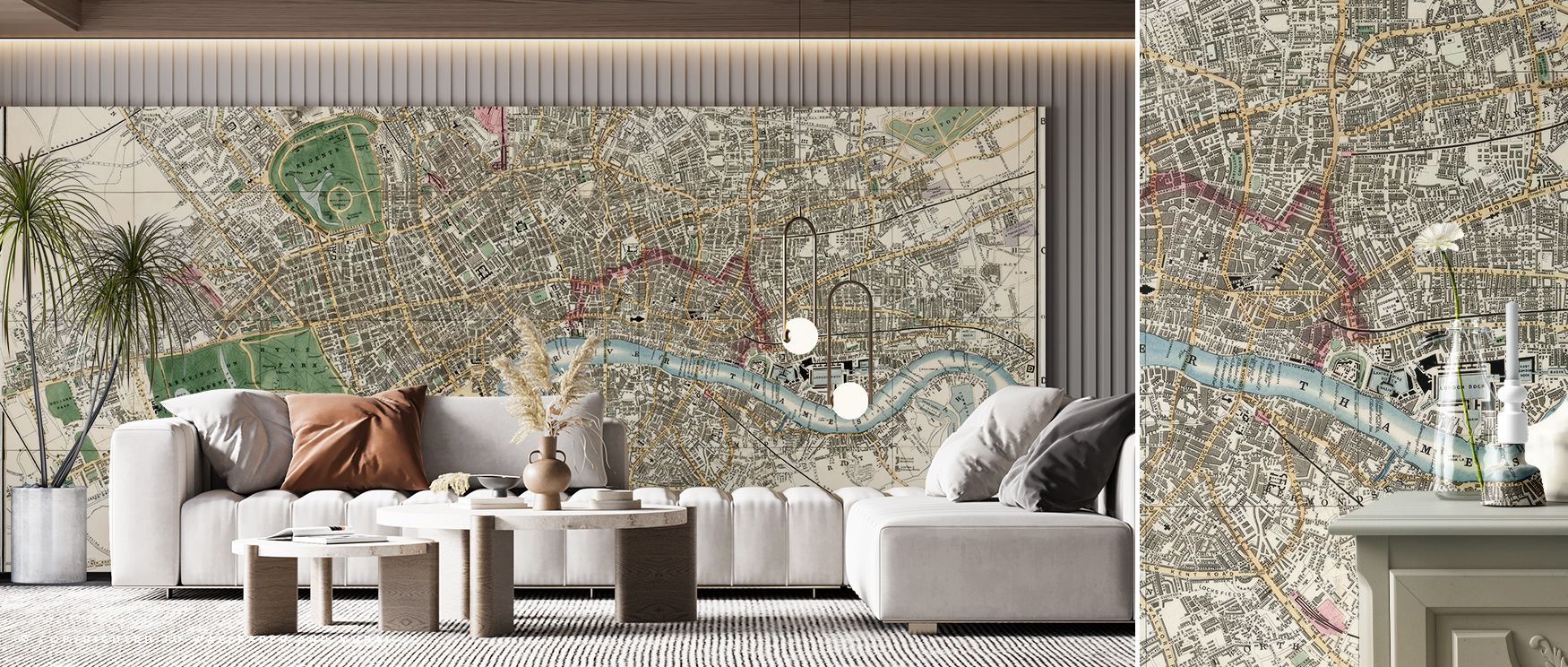 Historical wallpaper featuring reproduction of 1853 London map. Its refined artistry adds scholarly elegance to interiors, making it perfect for offices, lounges, or libraries with vintage themes. 