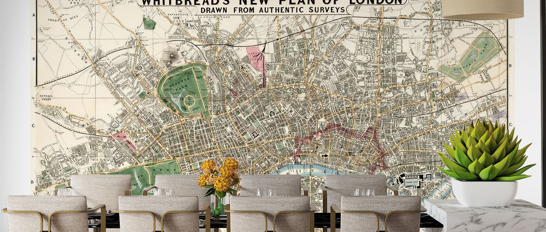 1853 Victorian London wallpaper featuring antique map reproduction. Its historical artistry enriches interiors with charm, ideal for lounges, libraries, or studies where culture and heritage inspire décor.