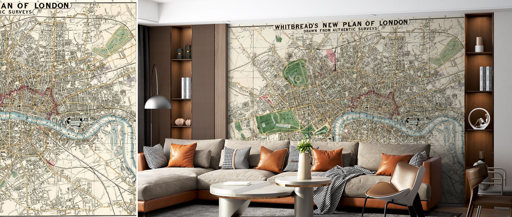 Decorative wallpaper styled with antique London map from 1853, offering interiors historical depth. Its artistry enriches walls with cultural character, perfect for libraries, studies, or lounges. 