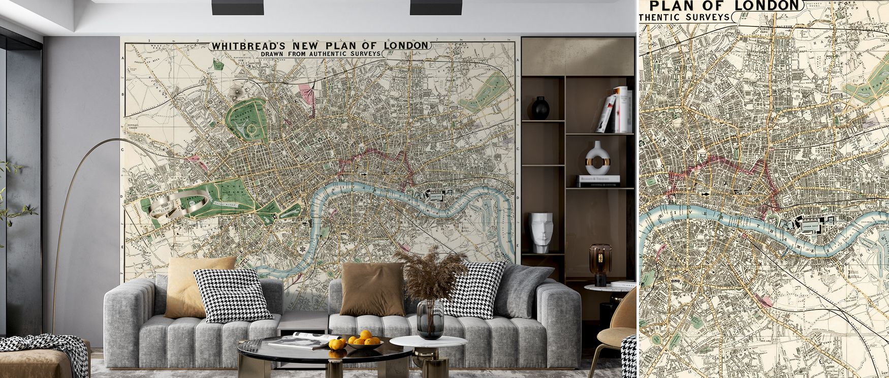 Vintage-inspired London wallpaper designed with reproduction of 1853 city map. Its refined design enriches interiors, making walls cultured and scholarly, perfect for libraries or offices. 