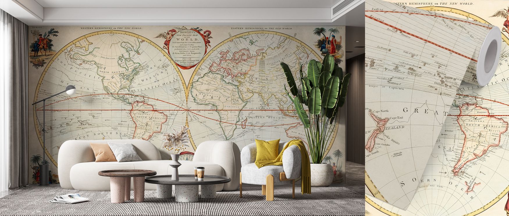 Vintage-inspired world map wallpaper designed with reproduction of 19th-century cartography. Its refined artistry transforms interiors, making walls cultured and elegant, perfect for libraries or offices. 