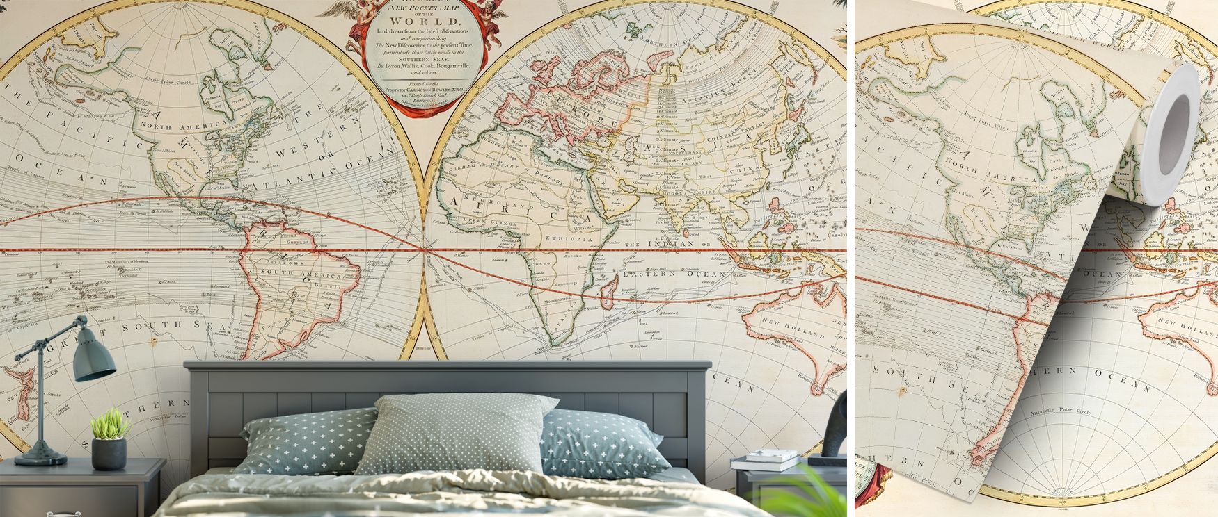 Decorative wallpaper styled with 19th-century world map reproduction, offering antique elegance. Its cultured tones enrich interiors, ideal for libraries, offices, or lounges where historical character inspires décor. 