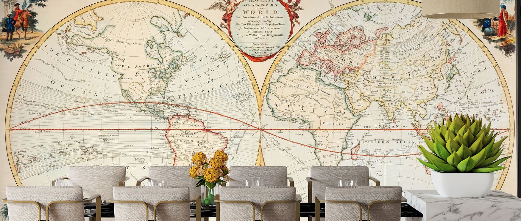 19th-century reproduction wallpaper styled with detailed global map in antique tones. Its cultured design enriches interiors, ideal for libraries, offices, or living rooms with historical sophistication.