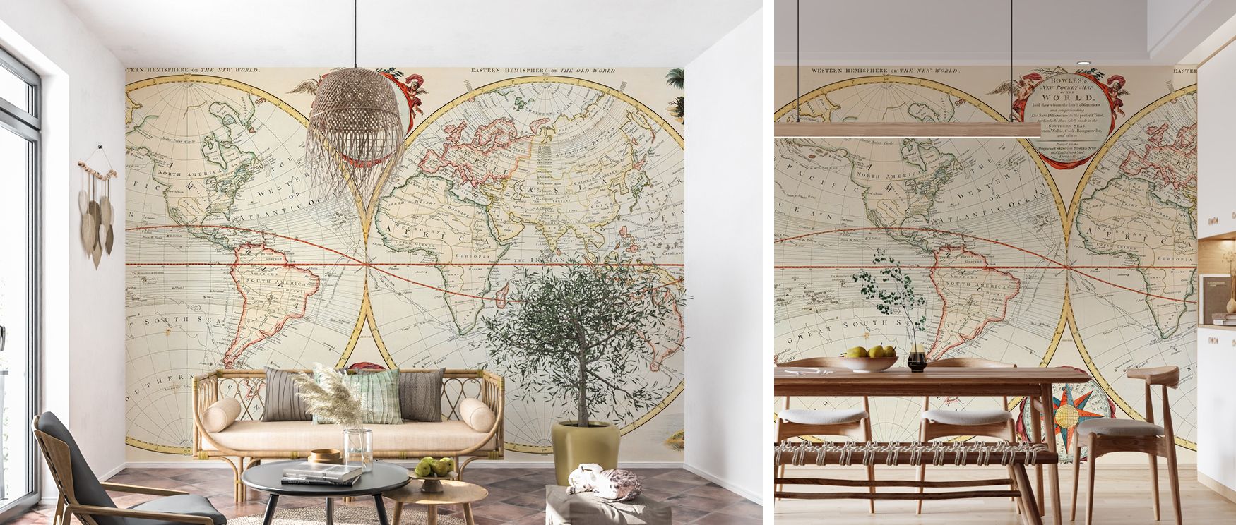 Historical world map wallpaper styled with 19th-century cartographic detail. Its antique tones enrich interiors with sophistication, making it perfect for libraries or living rooms where culture and history thrive. 