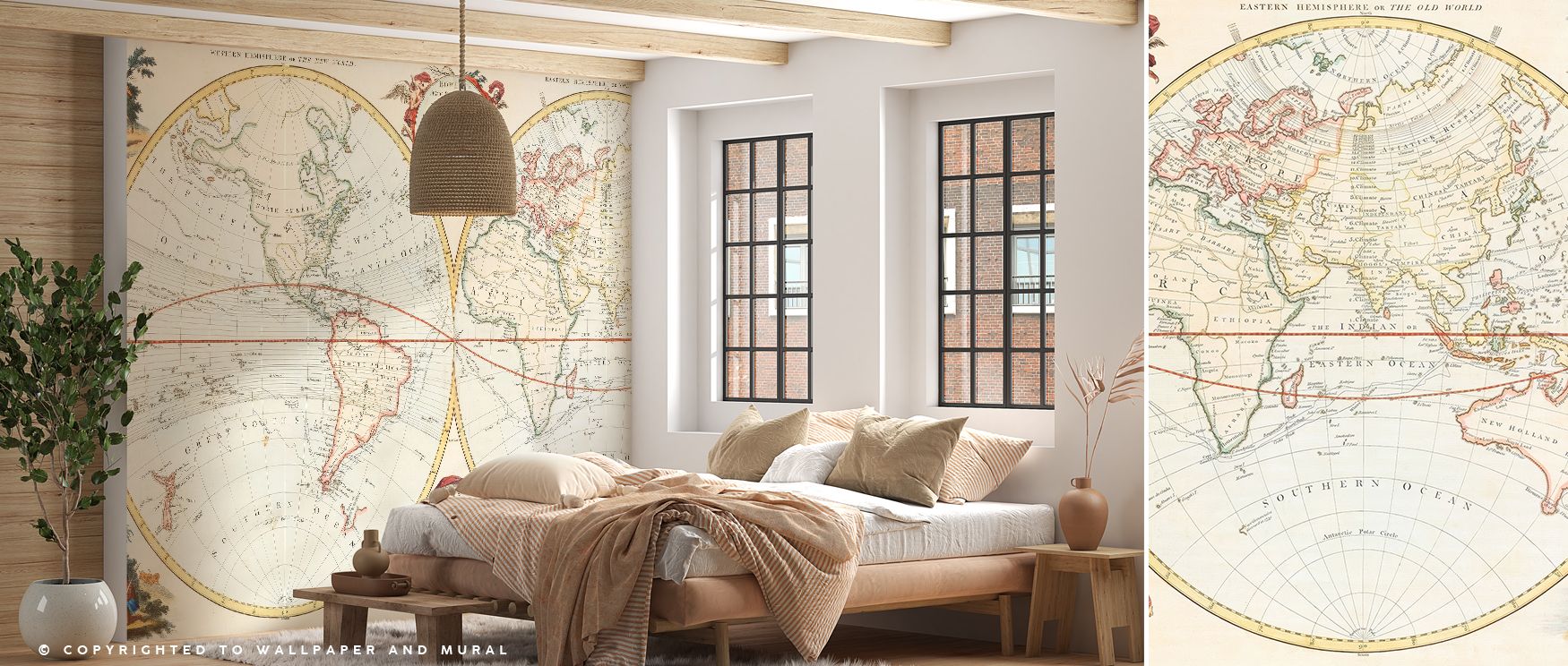 Decorative vintage world map wallpaper styled with 19th-century reproduction in refined artistry. Its cultured design enriches walls with heritage, ideal for studies, lounges, or offices where antique elegance is desired. 
