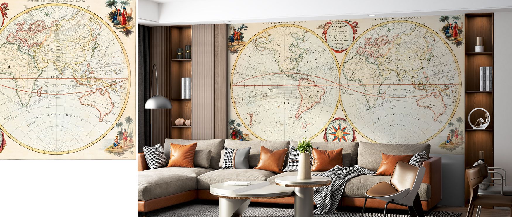 Antique wallpaper design featuring reproduction of 19th-century world map. Its cultured tones create historical interiors, perfect for offices, libraries, or living rooms where scholarly elegance is valued. 