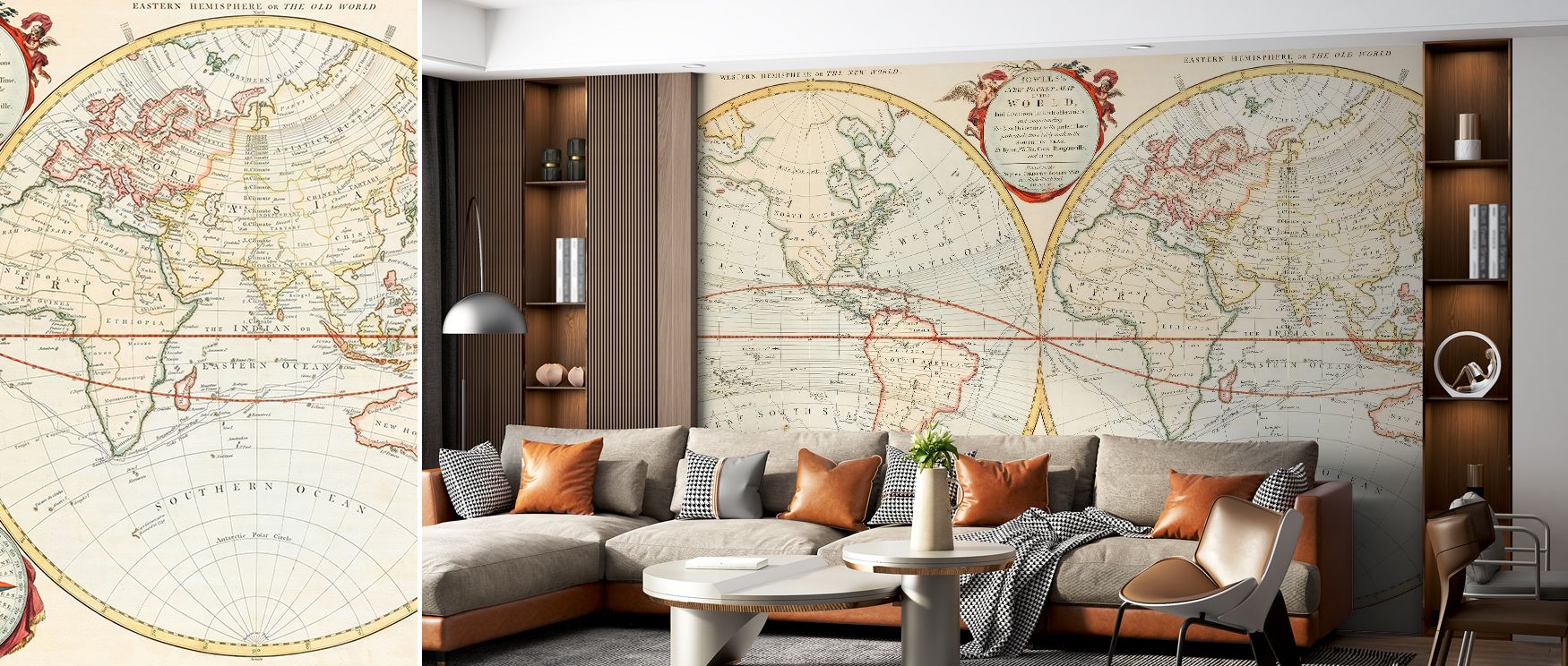 Refined world map wallpaper featuring antique cartography from 19th century. Its scholarly tones transform interiors with vintage charm, perfect for libraries or studies inspired by culture. 