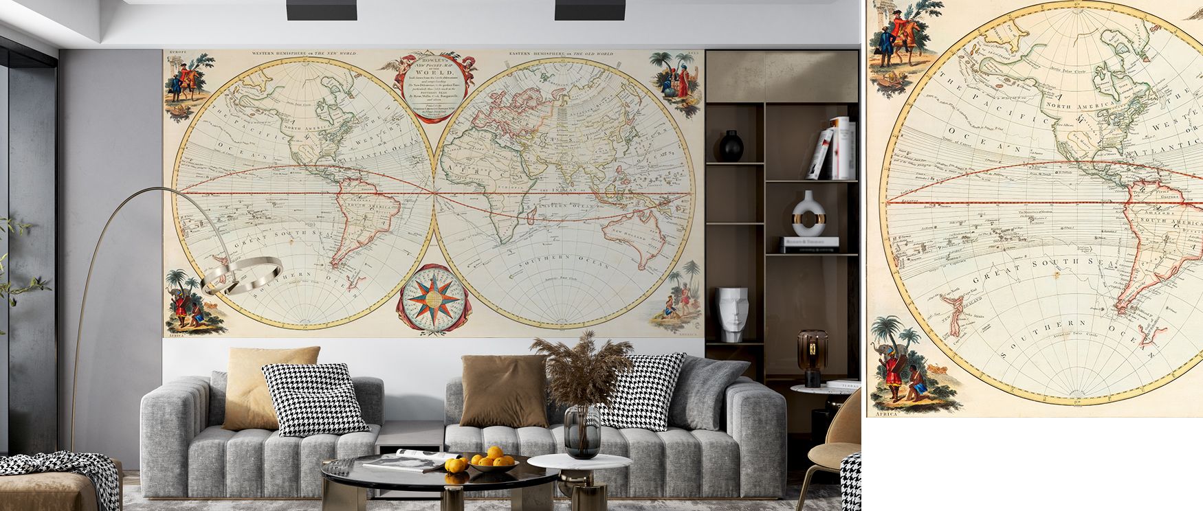 Vintage world map wallpaper designed with reproduction of antique cartography. Its refined artistry enriches interiors, making it perfect for studies, libraries, or lounges with cultured inspiration. 