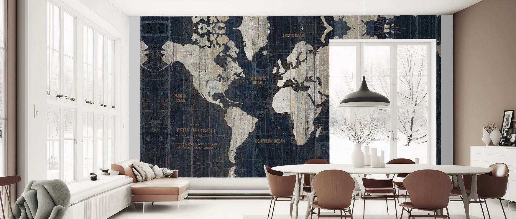 Muted blues enrich this wallpaper with vintage charm, as antique cartography spreads across the surface. Bedrooms and offices glow with sophistication, as walls become elegant tributes to history and culture. 