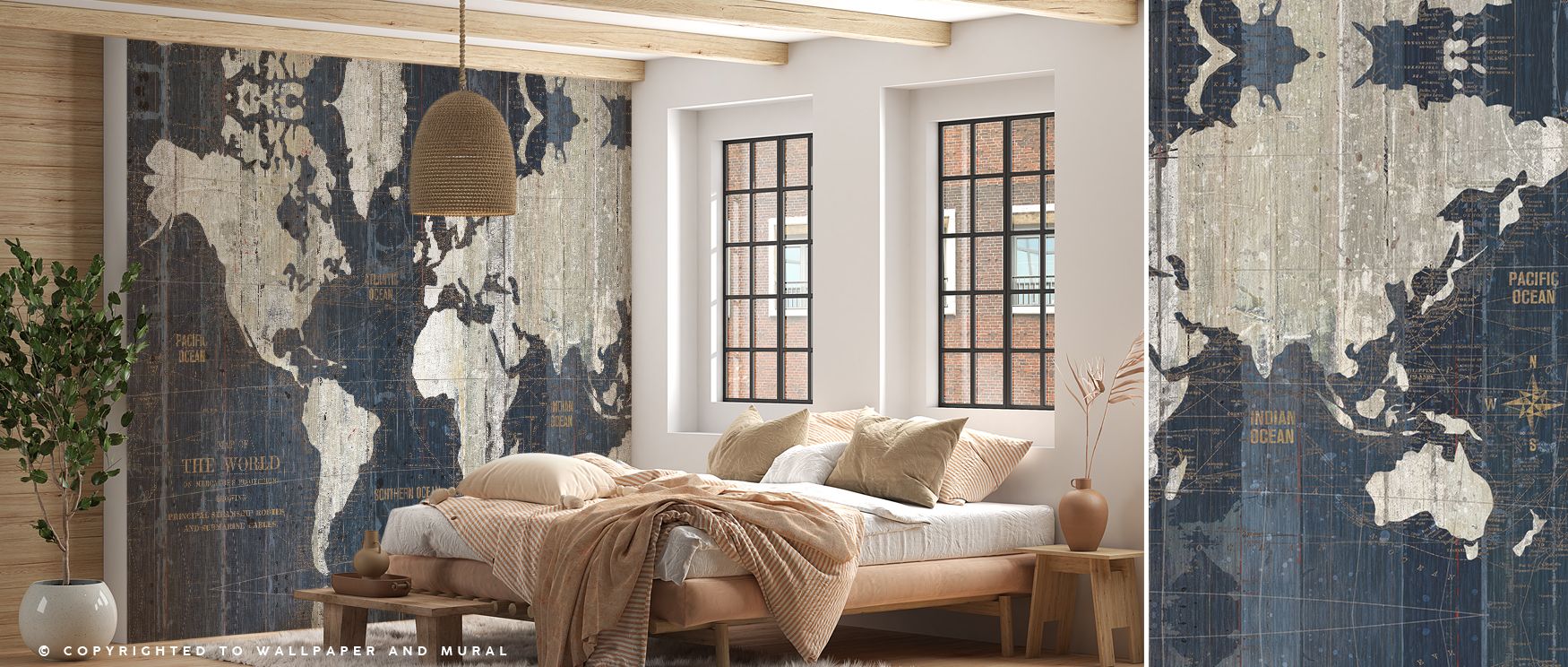 Muted blue tones fill this wallpaper with antique charm, as a detailed world map spreads across its design. Bedrooms and living spaces glow with sophistication, creating walls enriched with culture, refinement, and elegance. 
