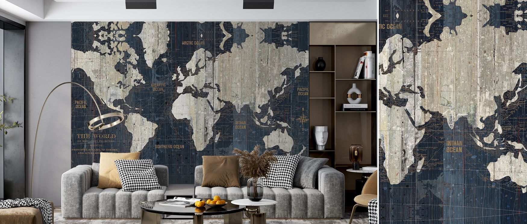 This wallpaper features Old World maps in muted tones of blue, enriching living rooms or lounges with sophistication. Walls glow with vintage artistry, creating refined interiors filled with culture and charm. 