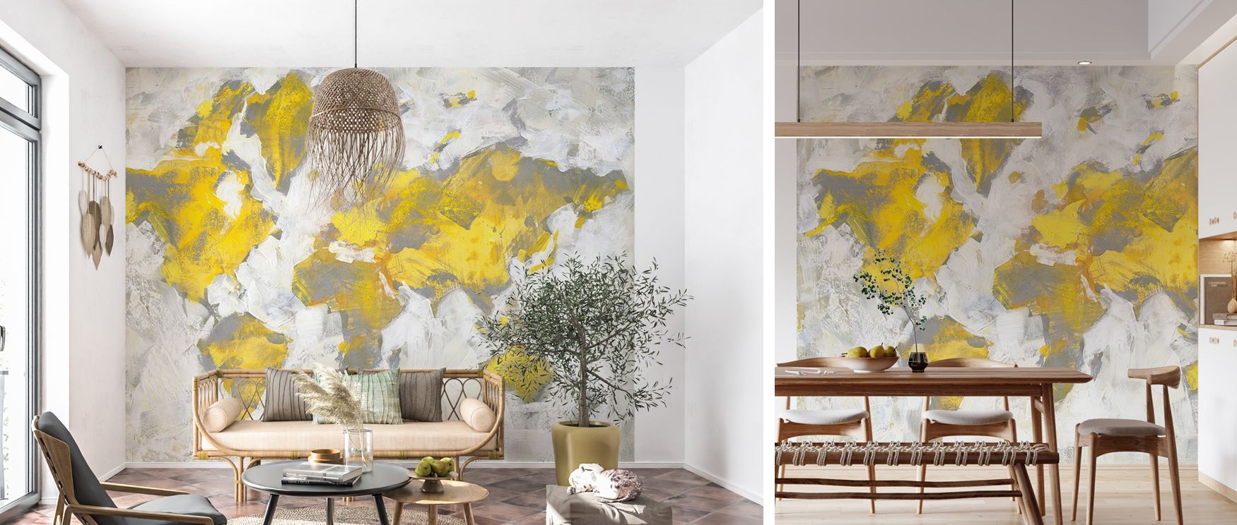 This wallpaper captures the world in intricate cartography set against a bright yellow background. Bedrooms or offices glow with charm and creativity, as walls become canvases of global inspiration, enriching interiors with cheerful elegance and style. 