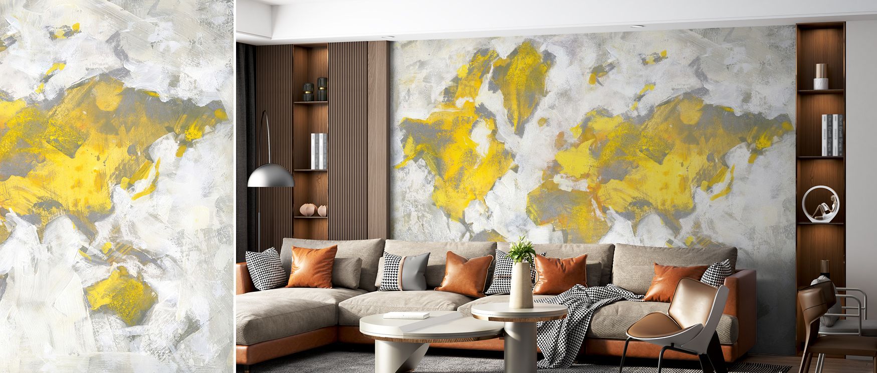 A vibrant world map in yellow decorates this wallpaper, filling interiors with energy and charm. Bedrooms or offices shine with cheerful artistry, as walls transform into canvases that celebrate travel, creativity, and timeless global beauty. 