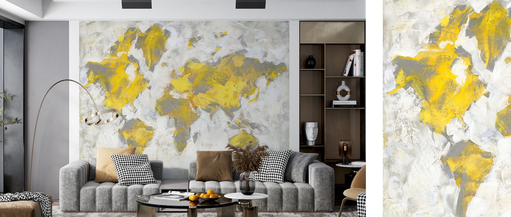 Yellow tones and detailed map imagery enrich this wallpaper with brightness. Living rooms or lounges glow with cheerful charm, as walls radiate sophistication, turning interiors into spaces of global adventure and creativity. 