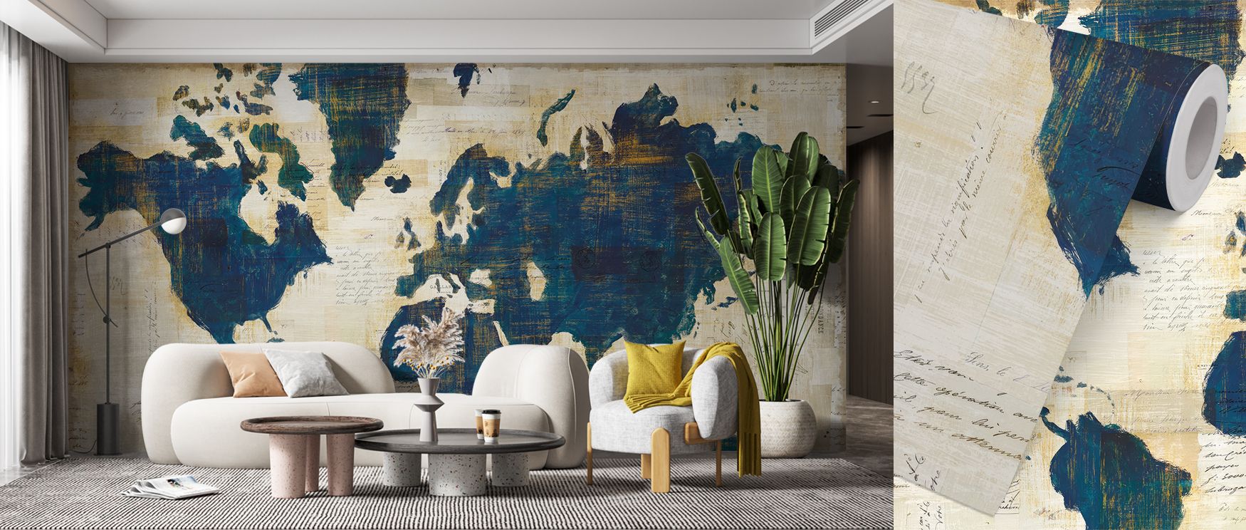 This wallpaper design blends multiple world map elements in collage form, creating unique charm. Bedrooms and offices shine with artistry, as walls become bold statements filled with creativity, depth, and global inspiration. 