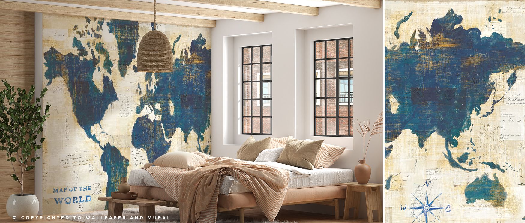 The world map collage enriches this wallpaper with unique artistry, layering detail for depth and intrigue. Bedrooms or offices glow with refinement, as walls become canvases filled with creative global style. 