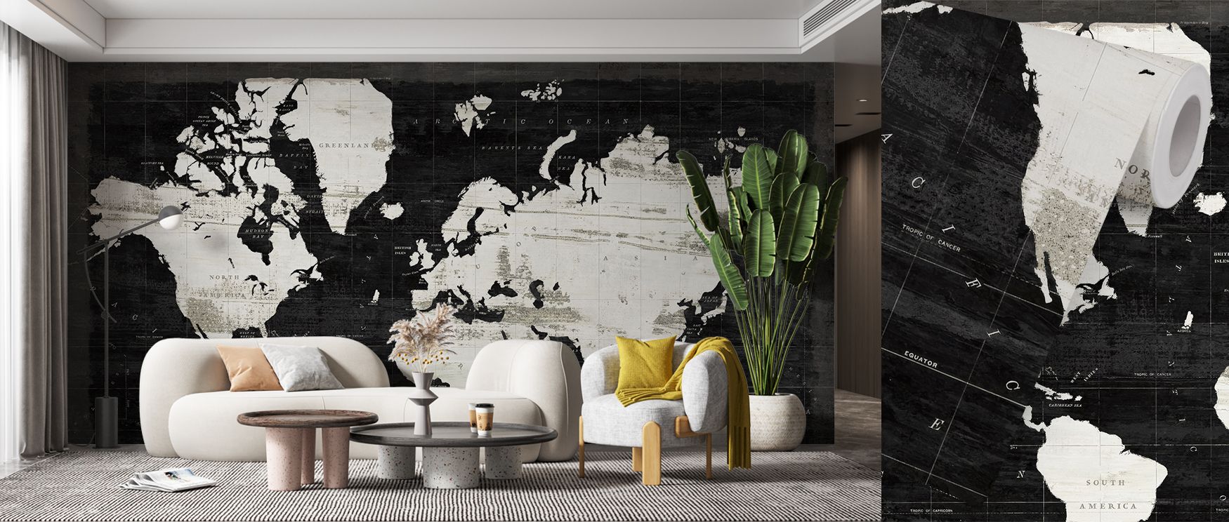 Striking black cartography spreads across this wallpaper, enriching interiors with sophistication. Offices or bedrooms glow with elegance, as walls transform into canvases that reflect global artistry and bold design. 