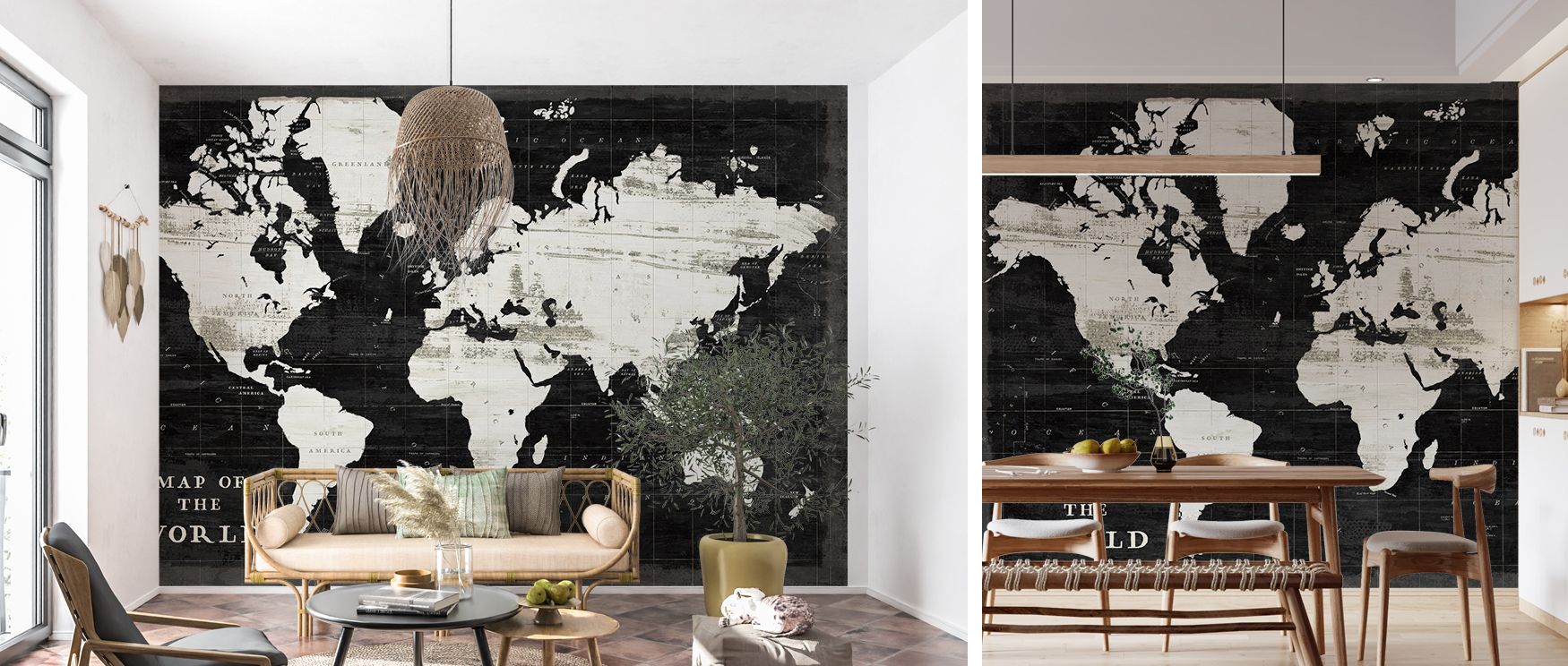 This wallpaper depicts bold world map artistry in sleek black tones, filling interiors with refinement. Living rooms or offices glow with sophistication, as walls become enriched with bold global charm and stylish authority. 