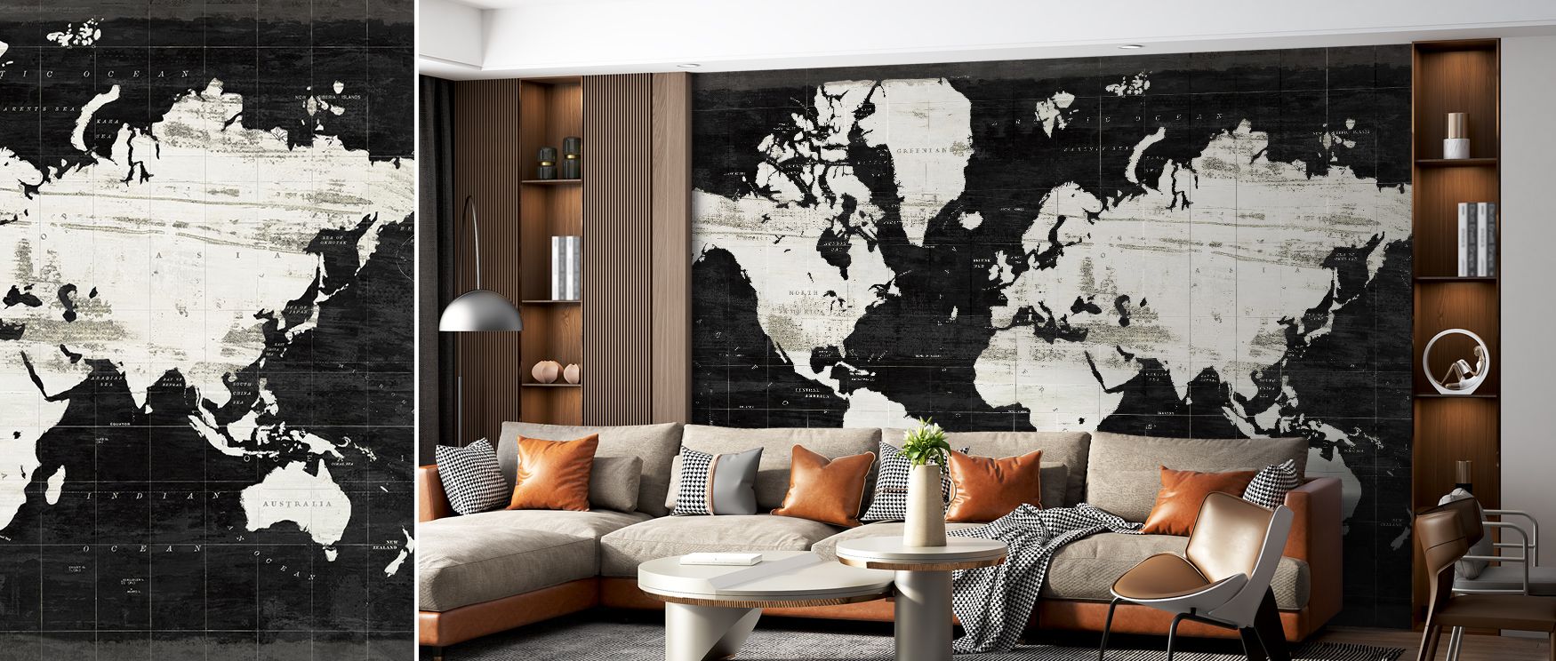 This wallpaper features bold black cartography, radiating strength and charm. Living rooms or offices glow with sophistication, as walls transform into canvases filled with refined global artistry. 