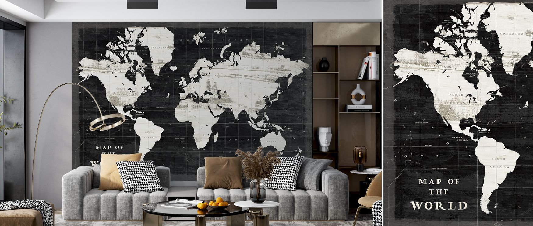 Black map designs enrich this wallpaper with bold elegance, filling bedrooms or living rooms with charm. Walls glow with sophistication, becoming stylish statements of global artistry and refinement. 