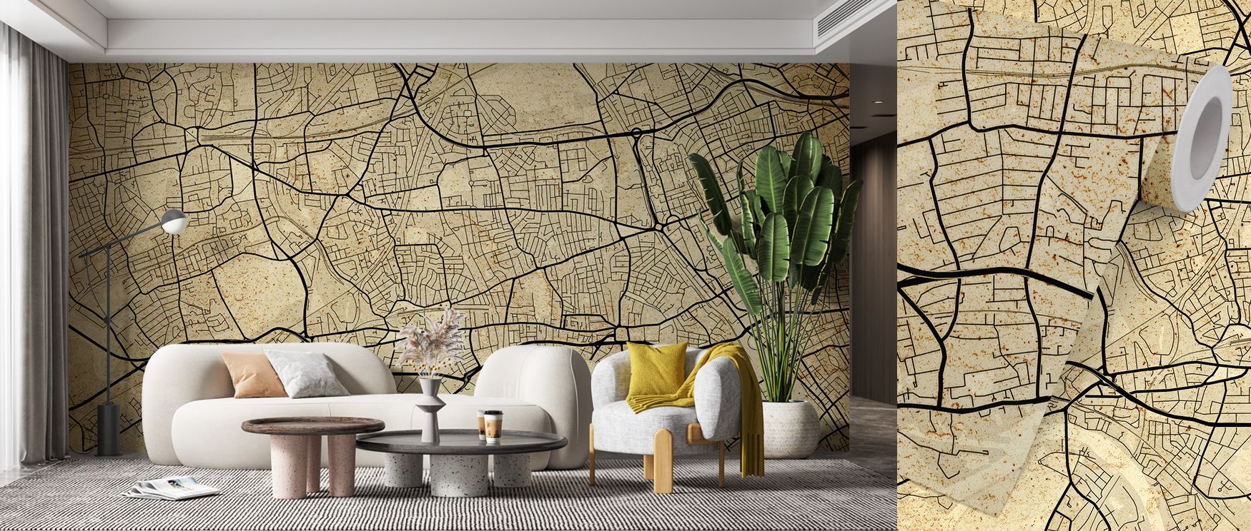 Muted tones and vintage cartography spread across this wallpaper, capturing the character of West London. Interiors glow with heritage charm, as walls transform into stylish backdrops filled with cultural depth and refined artistry. 