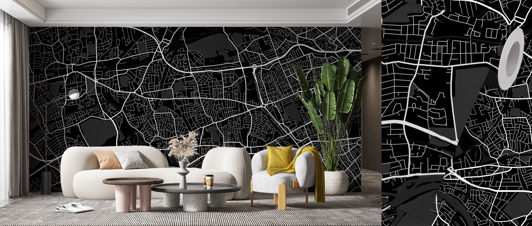 This wallpaper design combines historic London maps with modern black tones, filling interiors with bold elegance. Offices or bedrooms glow with sophistication, as walls become enriched with heritage and refined artistry. 