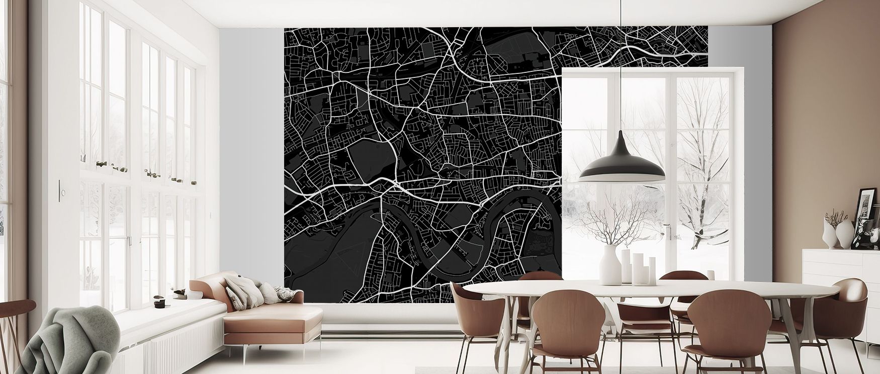 Black cartography enriches this wallpaper with bold charm, capturing West London history. Interiors glow with refinement, turning walls into powerful backdrops of cultural artistry. 