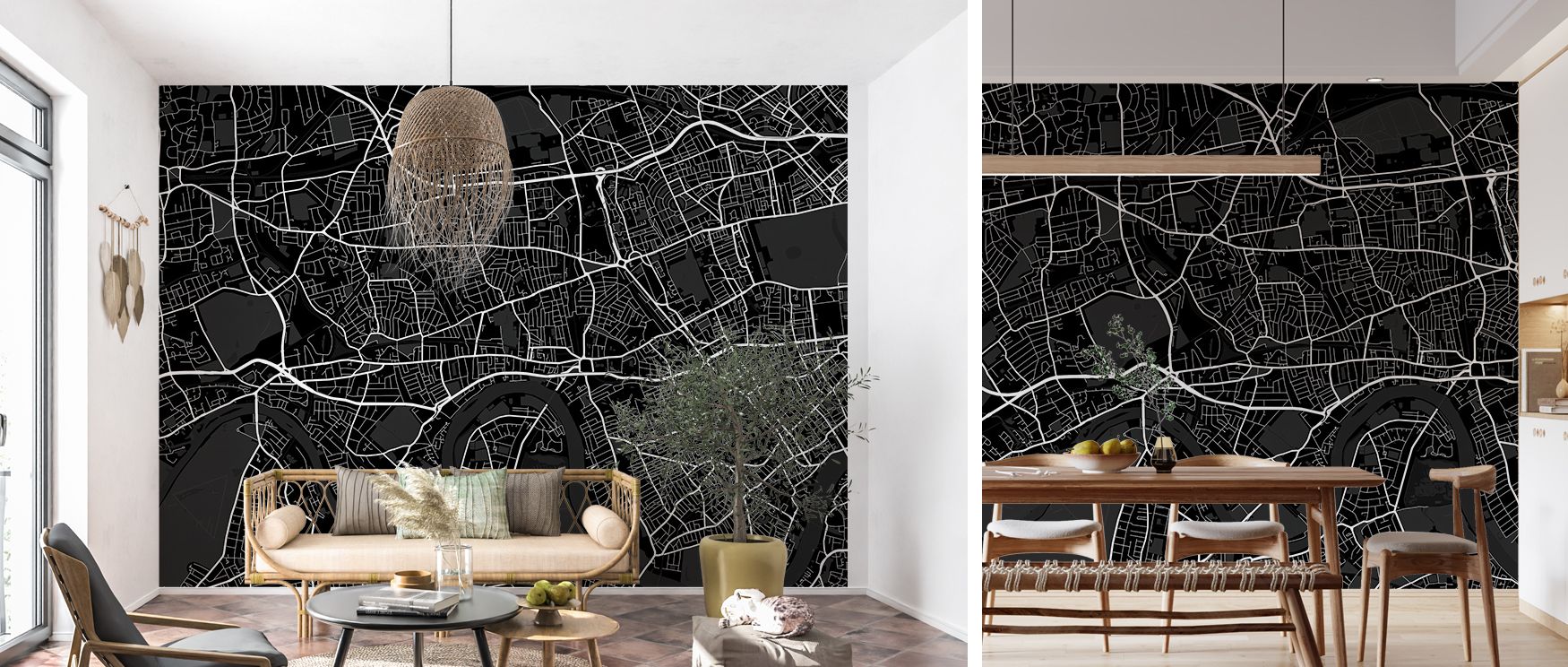 Black map details of West London spread across this wallpaper, radiating charm. Designed for living rooms or lounges, it enhances walls with sophistication, blending modern style and timeless artistry. 