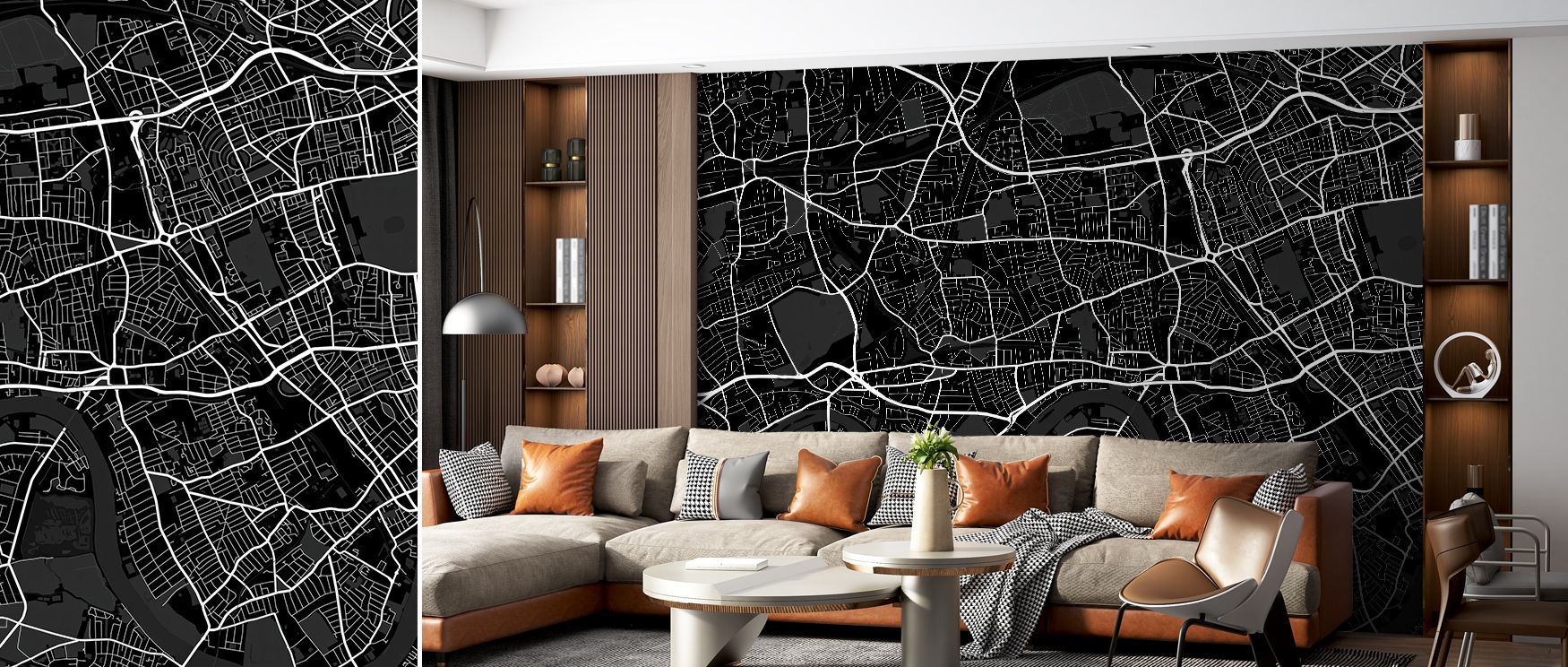 Striking black tones highlight historic West London cartography in this wallpaper. Living rooms or offices glow with refinement, as walls radiate charm and stylish sophistication. 