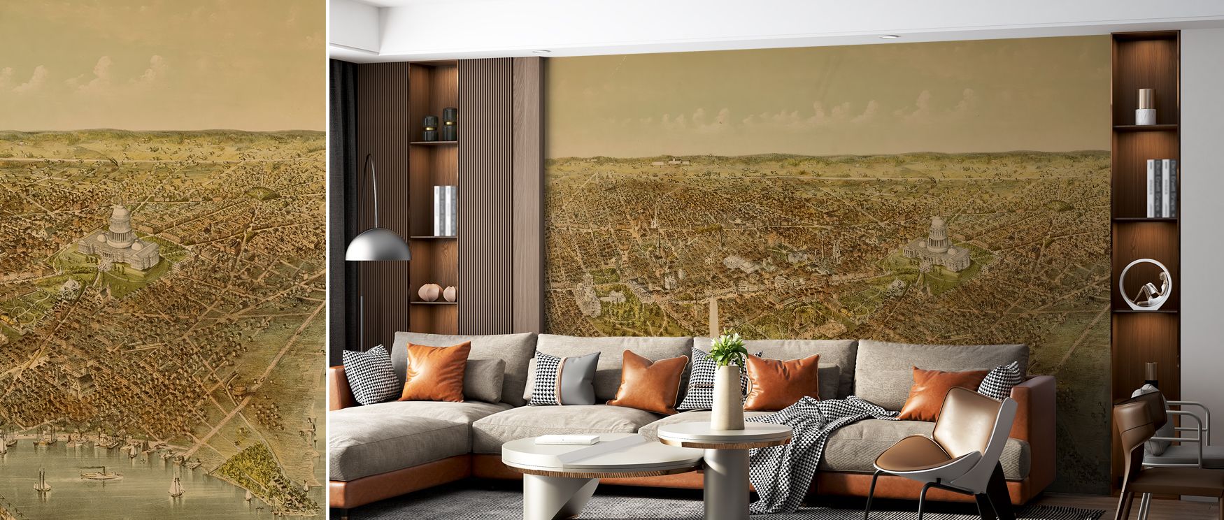 Washington’s landmarks and details spread across this wallpaper, filling interiors with pride. Living rooms or offices glow with artistry, as walls transform into tributes to American charm and timeless elegance. 