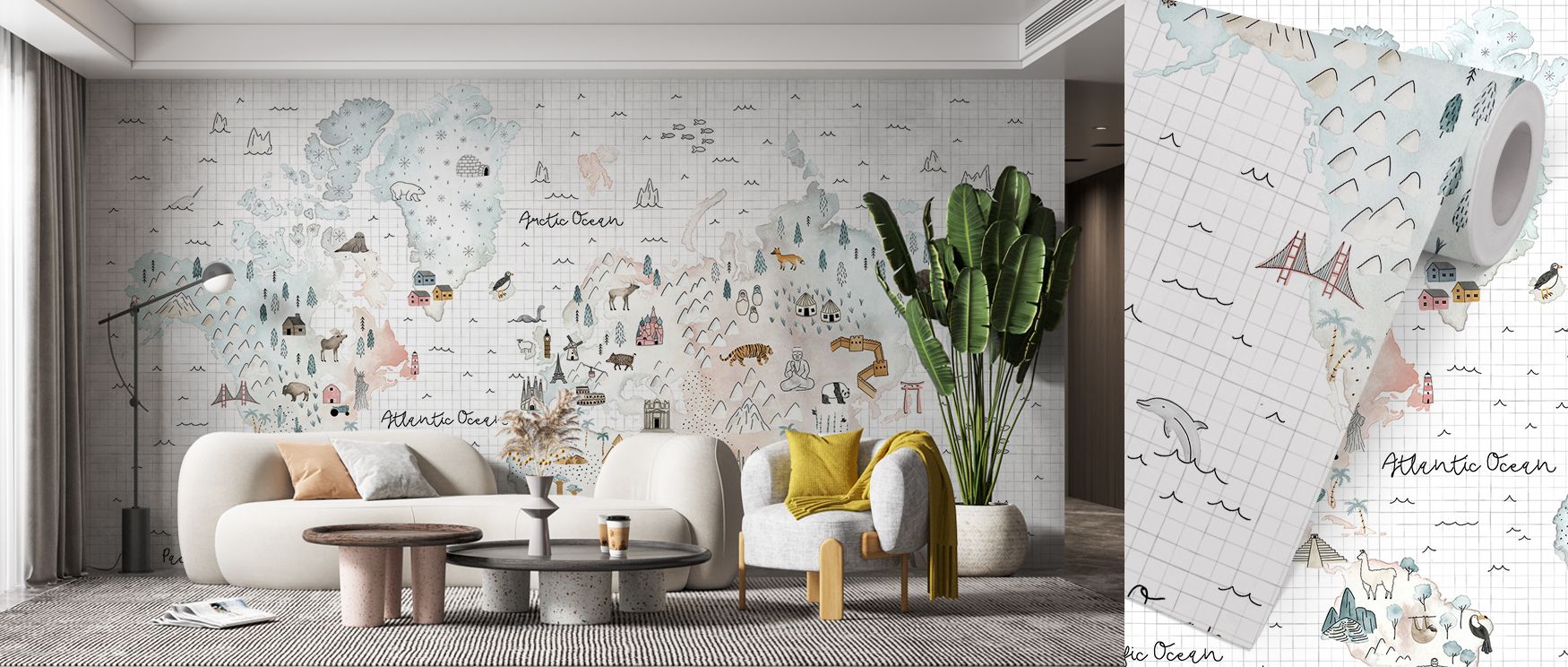 Detailed map artistry spreads across this wallpaper, creating charm. Living rooms or lounges glow with sophistication, as walls become enriched with exploration, refinement, and timeless global style. 