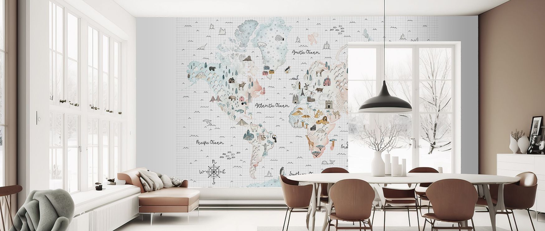 Intricate cartography spreads across this wallpaper, enriching living rooms or lounges with refinement. Walls glow with charm, as interiors reflect curiosity, global flair, and timeless artistry. 