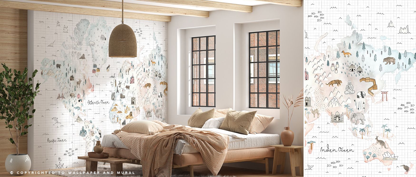 World map details enrich this wallpaper, adding charm to interiors. Living rooms or bedrooms glow with sophistication, as walls become inspiring canvases filled with artistry and discovery. 