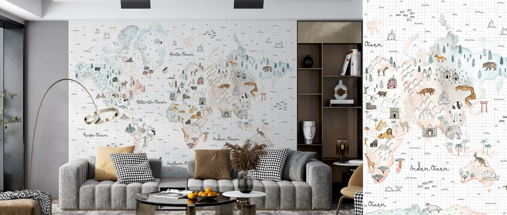 This wallpaper depicts global cartography with detail, inspiring interiors. Offices or bedrooms glow with artistry, as walls transform into canvases filled with charm, discovery, and timeless style. 